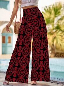 SHEIN VCAY 滿版印花闊腿褲 - 黑色 - 查看 3