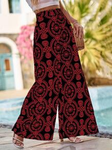 SHEIN VCAY 滿版印花闊腿褲 - 黑色 - 查看 4