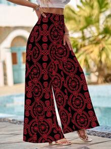 SHEIN VCAY 滿版印花闊腿褲 - 黑色 - 查看 5