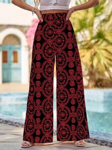 SHEIN VCAY 滿版印花闊腿褲 - 黑色 - 查看 6