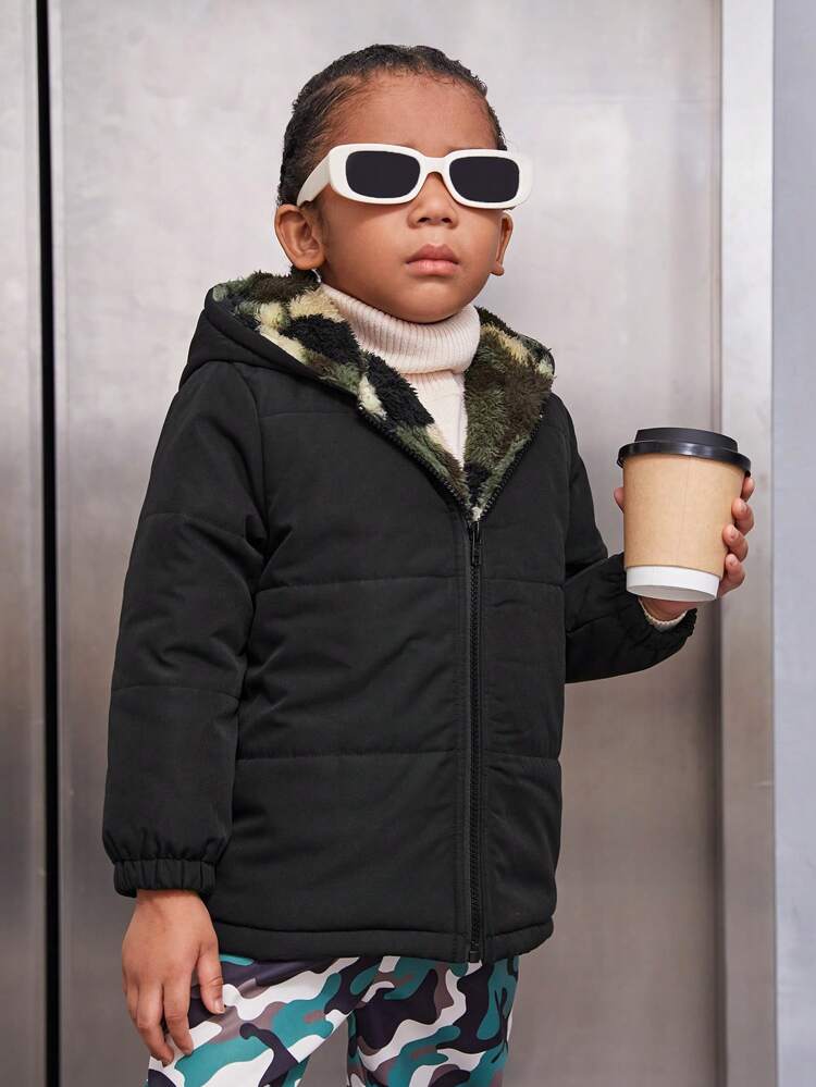 Young Boy Casual Loose Street Style Winter Jacket With Zipper And Hood, Versatile, For Autumn And Winter