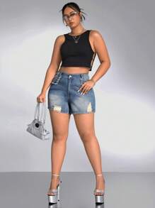 SHEIN ICON 大碼高腰破洞牛仔短褲 - 中等水洗藍 - 查看 3