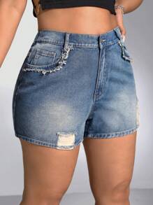 SHEIN ICON 大碼高腰破洞牛仔短褲 - 中等水洗藍 - 查看 5