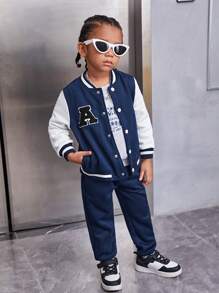 SHEIN Young Boy Letter Patched Striped Trim Varsity Jacket & Sweatpants - Blue and White - View 1