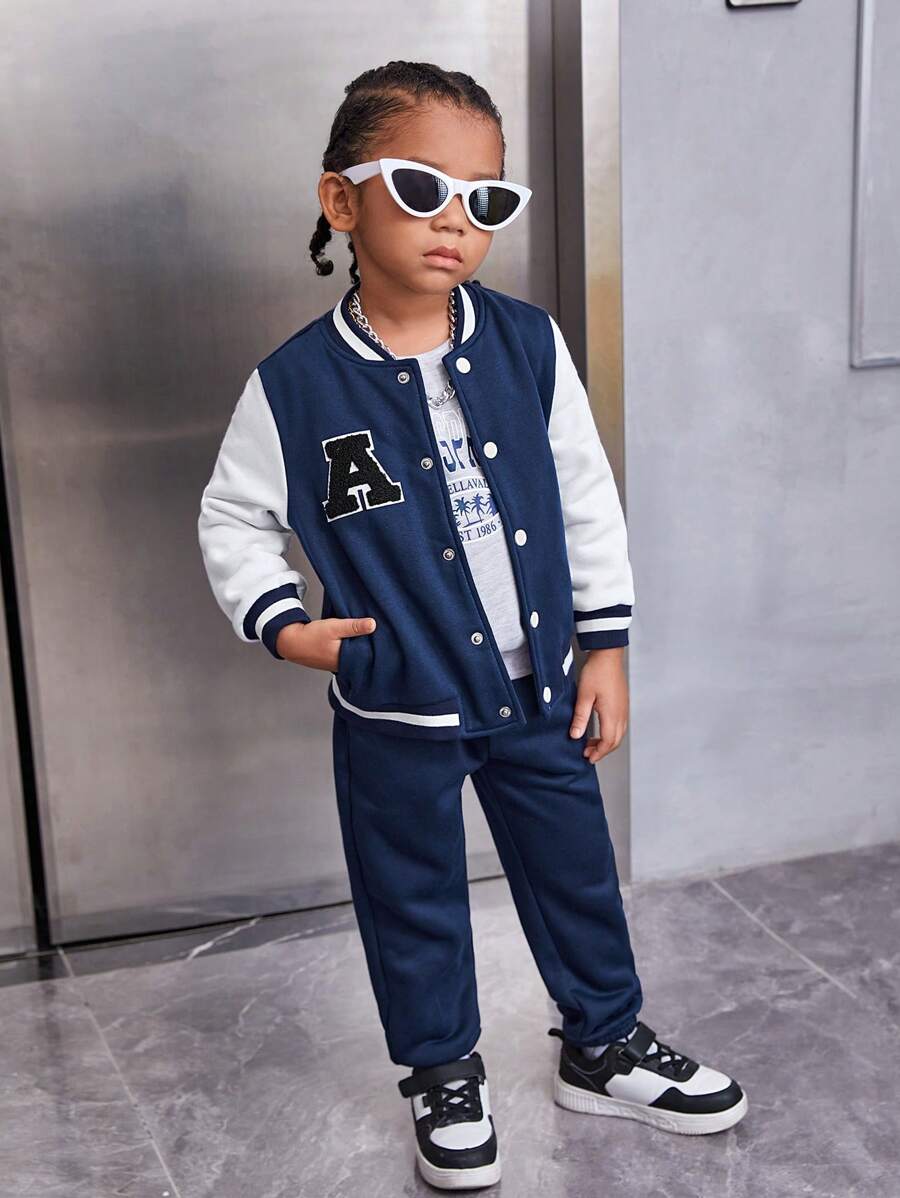 SHEIN Young Boy Letter Patched Striped Trim Varsity Jacket & Sweatpants - Blue and White - View 1