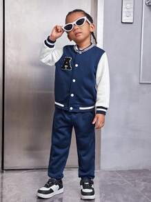 SHEIN Young Boy Letter Patched Striped Trim Varsity Jacket & Sweatpants - Blue and White - View 6