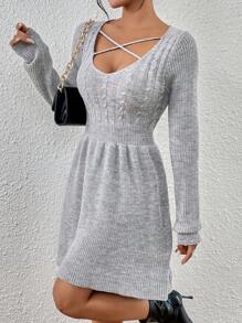 SHEIN LUNE Criss Cross Cable Knit Sweater Dress - Light Grey - View 6