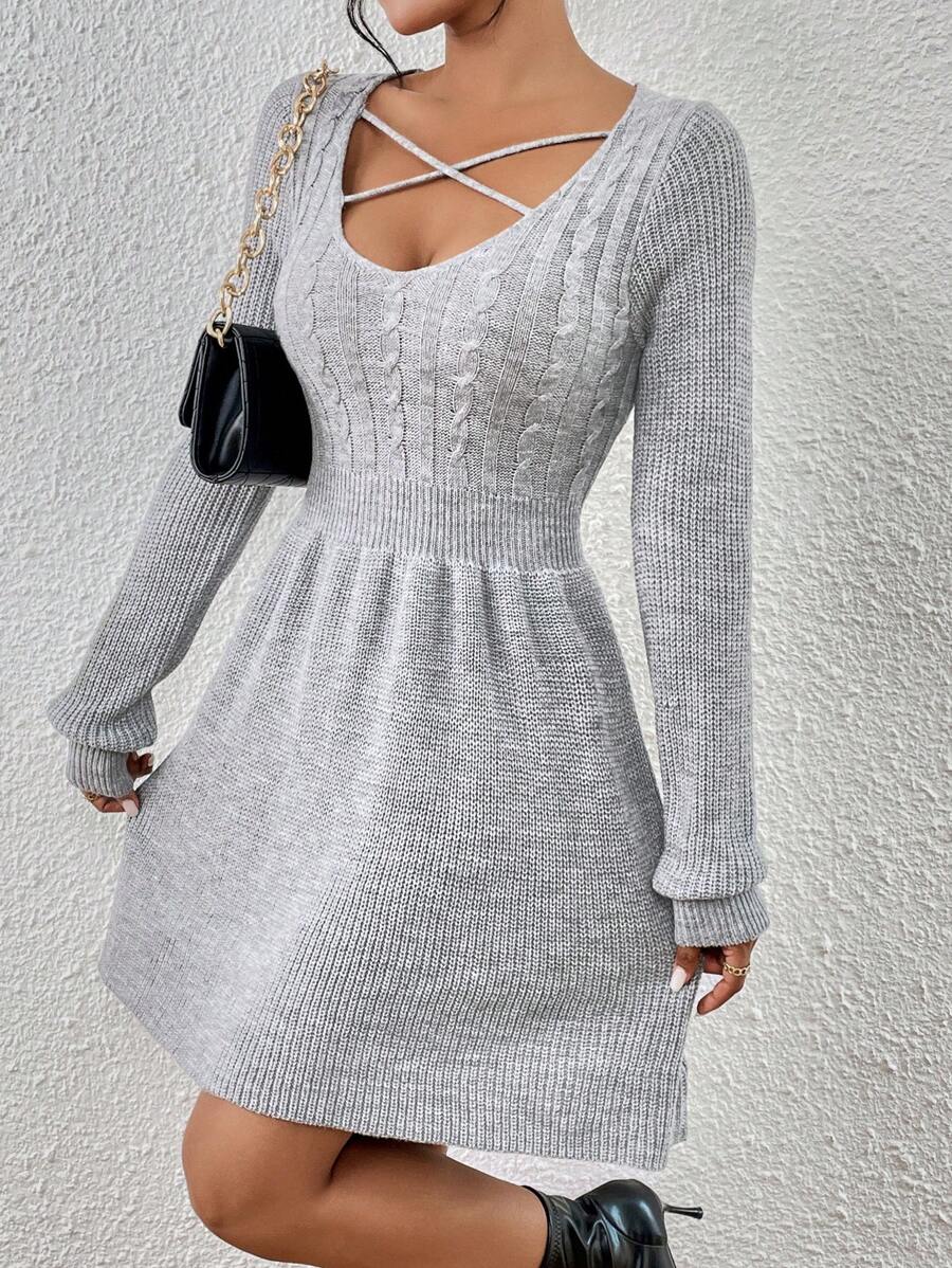 SHEIN LUNE Criss Cross Cable Knit Sweater Dress - Light Grey - View 1