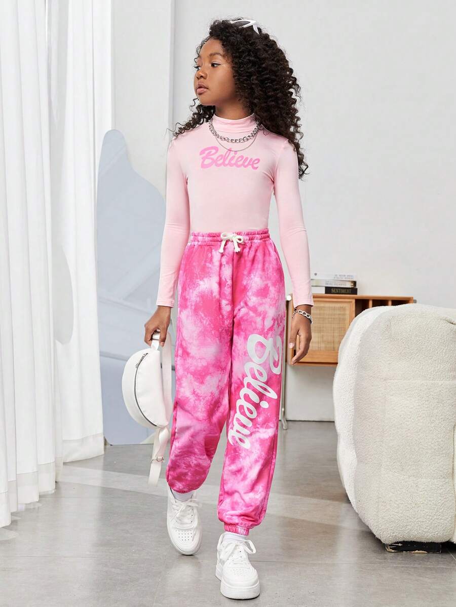 SHEIN Tween Girl Letter Graphic Mock Neck Tee & Tie Dye Drawstring Waist Sweatpants - Pink - View 1