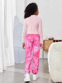 SHEIN Tween Girl Letter Graphic Mock Neck Tee & Tie Dye Drawstring Waist Sweatpants - Pink - View 2
