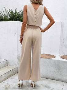 SHEIN LUNE 素色背心上衣&闊腿褲 - 杏色 - 查看 2