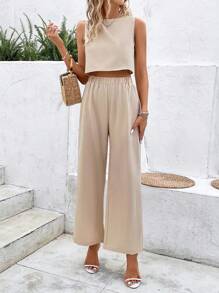 SHEIN LUNE 素色背心上衣&闊腿褲 - 杏色 - 查看 3