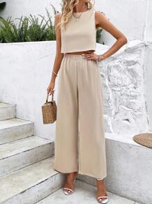SHEIN LUNE 素色背心上衣&闊腿褲 - 杏色 - 查看 6