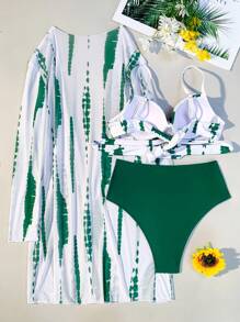 SHEIN 染色推上型比基尼套裝與和服 - 綠色 - 查看 2