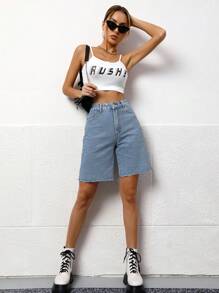 Solid Bermuda Denim Shorts - Medium Wash - View 1