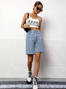 Solid Bermuda Denim Shorts - Medium Wash - View 4