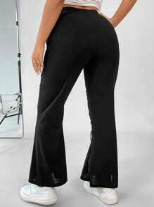 SHEIN Coolane 大碼前繫帶喇叭褲 - 黑色 - 查看 3