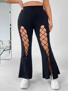 SHEIN Coolane 大碼前繫帶喇叭褲 - 黑色 - 查看 2