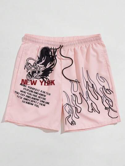Street Life بنطلون قصير شعار & بطباعة نار رباط خصر للشباب