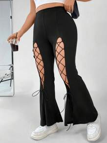 SHEIN Coolane 大碼前繫帶喇叭褲 - 黑色 - 查看 1