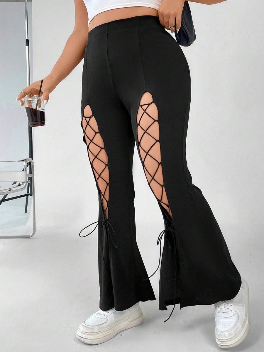 SHEIN Coolane 大碼前繫帶喇叭褲 - 黑色 - 查看 1