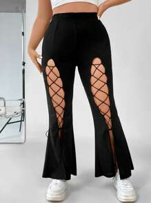 SHEIN Coolane 大碼前繫帶喇叭褲 - 黑色 - 查看 5