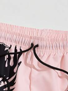 ROMWE MEN Street Life 男士標語&火圖案腰部抽繩短褲 - 粉色 - 查看 3