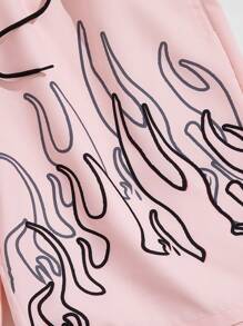 ROMWE MEN Street Life 男士標語&火圖案腰部抽繩短褲 - 粉色 - 查看 4