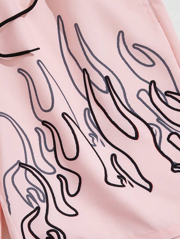 ROMWE MEN Street Life 男士標語&火圖案腰部抽繩短褲 - 粉色 - 查看 4