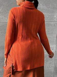 SHEIN SXY 休閒開衩 羅紋針織純色大碼T恤 - 橘色 - 查看 5