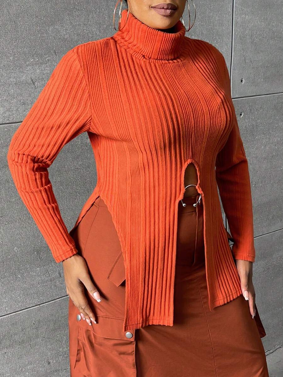 SHEIN SXY 休閒開衩 羅紋針織純色大碼T恤 - 橘色 - 查看 1