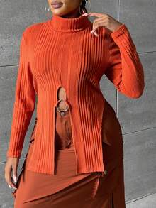 SHEIN SXY 休閒開衩 羅紋針織純色大碼T恤 - 橘色 - 查看 2