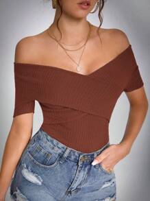 SHEIN Tall 一字肩條紋針織T恤 - 咖啡棕 - 查看 1