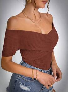 SHEIN Tall 一字肩條紋針織T恤 - 咖啡棕 - 查看 4