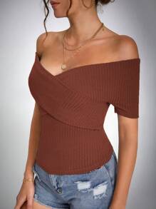 SHEIN Tall 一字肩條紋針織T恤 - 咖啡棕 - 查看 5