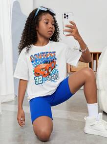 SHEIN Leap Crew Cô gái Tween Đồ họa ô tô và chữ cái Áo thun Thả vai & Quần short đi xe - Nhiều màu - Xem 2