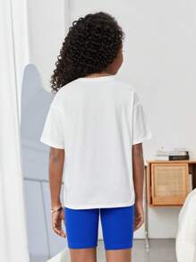 SHEIN Leap Crew Cô gái Tween Đồ họa ô tô và chữ cái Áo thun Thả vai & Quần short đi xe - Nhiều màu - Xem 6
