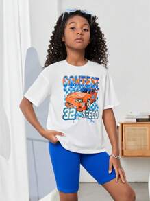 SHEIN Leap Crew Cô gái Tween Đồ họa ô tô và chữ cái Áo thun Thả vai & Quần short đi xe - Nhiều màu - Xem 3