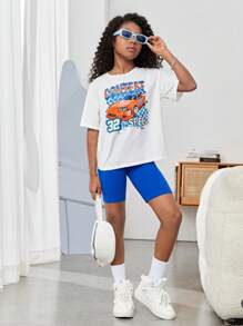 SHEIN Leap Crew Cô gái Tween Đồ họa ô tô và chữ cái Áo thun Thả vai & Quần short đi xe - Nhiều màu - Xem 4