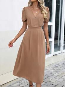 SHEIN Clasi Vestido unicolor con botón delantero de manga farol con diseño de fruncido - Marrón - Ver 3