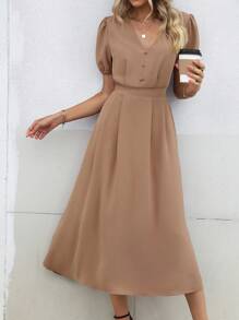 SHEIN Clasi Vestido unicolor con botón delantero de manga farol con diseño de fruncido - Marrón - Ver 4