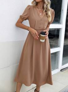 SHEIN Clasi Vestido unicolor con botón delantero de manga farol con diseño de fruncido - Marrón - Ver 5