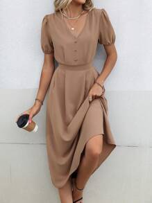 SHEIN Clasi Vestido unicolor con botón delantero de manga farol con diseño de fruncido - Marrón - Ver 6