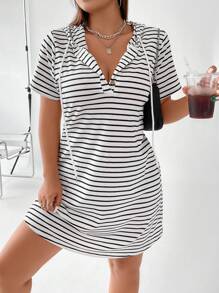 Flirla Plus Striped Drawstring Hooded Tee Dress, Summer - White - View 3