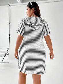 Flirla Plus Striped Drawstring Hooded Tee Dress, Summer - White - View 2