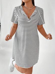 Flirla Plus Striped Drawstring Hooded Tee Dress, Summer - White - View 5
