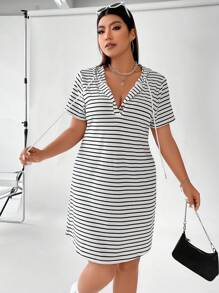 Flirla Plus Striped Drawstring Hooded Tee Dress, Summer - White - View 6
