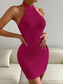 SHEIN Privé Solid Backless Halter Neck Bodycon Dress - Red Violet - View 6