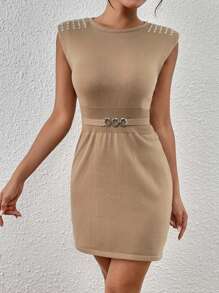 SHEIN LUNE Figurbetontes Strick Kleid mit Kette Detail, - Mokka-Braun - Übersicht 3
