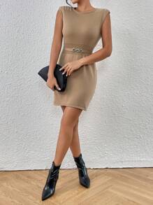 SHEIN LUNE Figurbetontes Strick Kleid mit Kette Detail, - Mokka-Braun - Übersicht 5